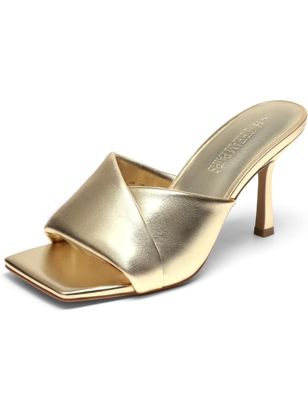 Women's Gold Slip On Soft Comfort Mule Heels Square Toe Stiletto Mule Sandals
